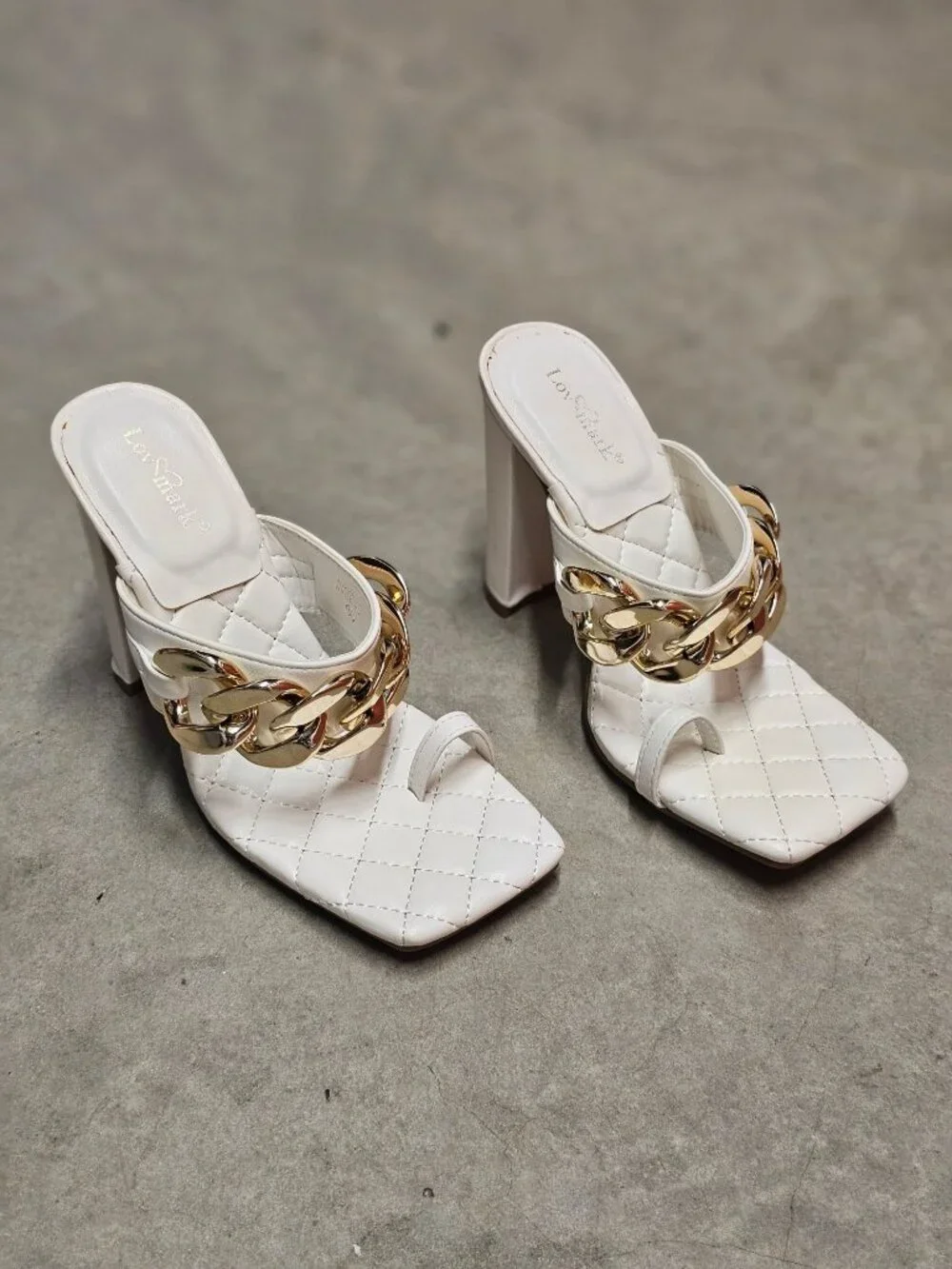 Quilted Chain-Embellished High Heel White Sandals With Square Toe Design